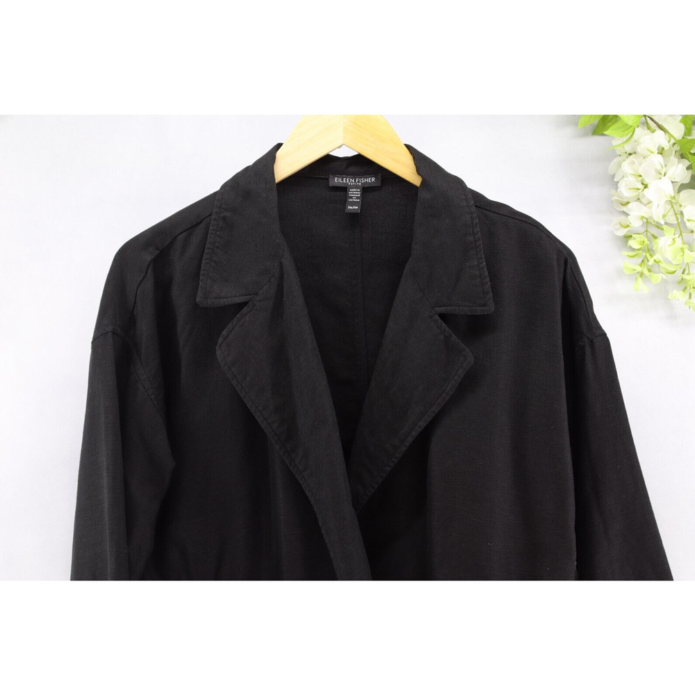 Eileen Fisher Sz M Petite Black Drape Front Linen Tencel Boxy Jacket Minimalist - Picture 4 of 9